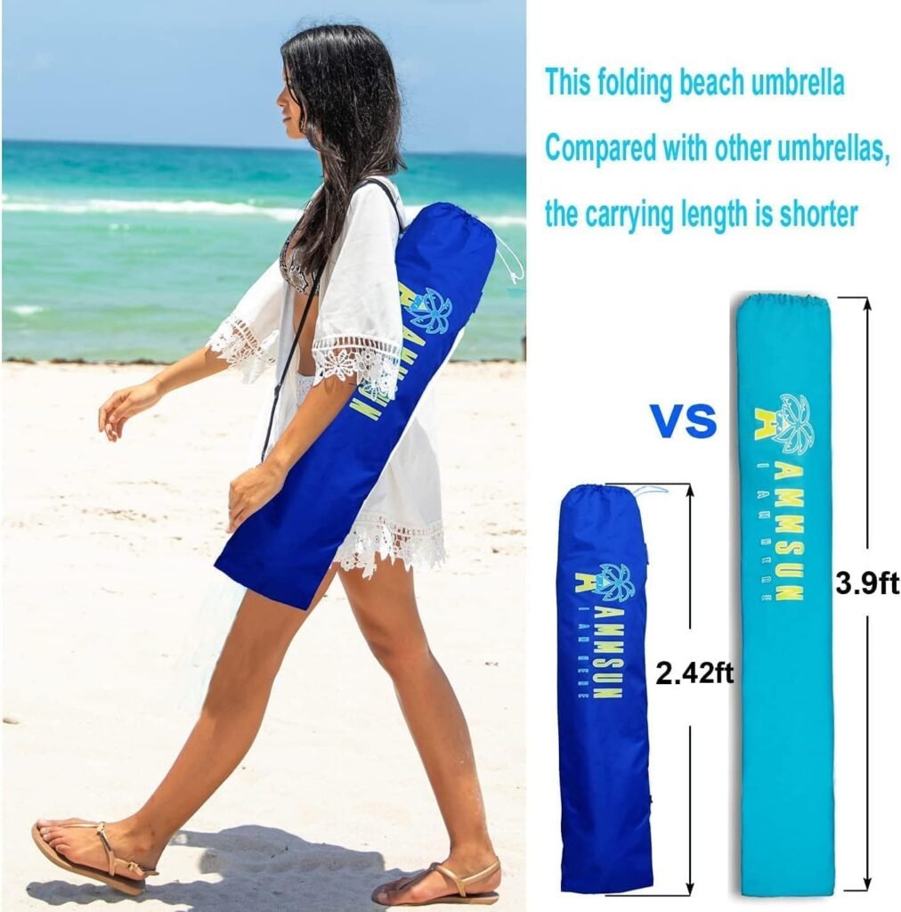 AMMSUN 6.5ft Twice Folded Portable Beach Umbrella with Sand Anchor Windproof,Push Button Tilt and Air Vent UV 50+ Protection Fits in a Large Suitcase for Patio Garden Beach Pool Backyard Blue