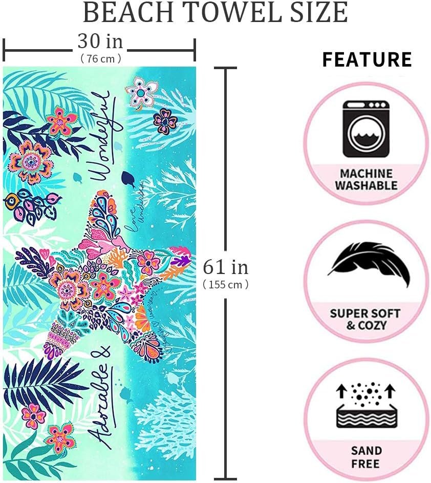 Auxory Beach Towel,30x60 Microfiber Beach Towels for Travel, Quick Dry Towel for Swimmers Sand Proof Beach Towels for Women Men Girls Kids, Cool Pool Towels Beach Accessories Absorbent Towel