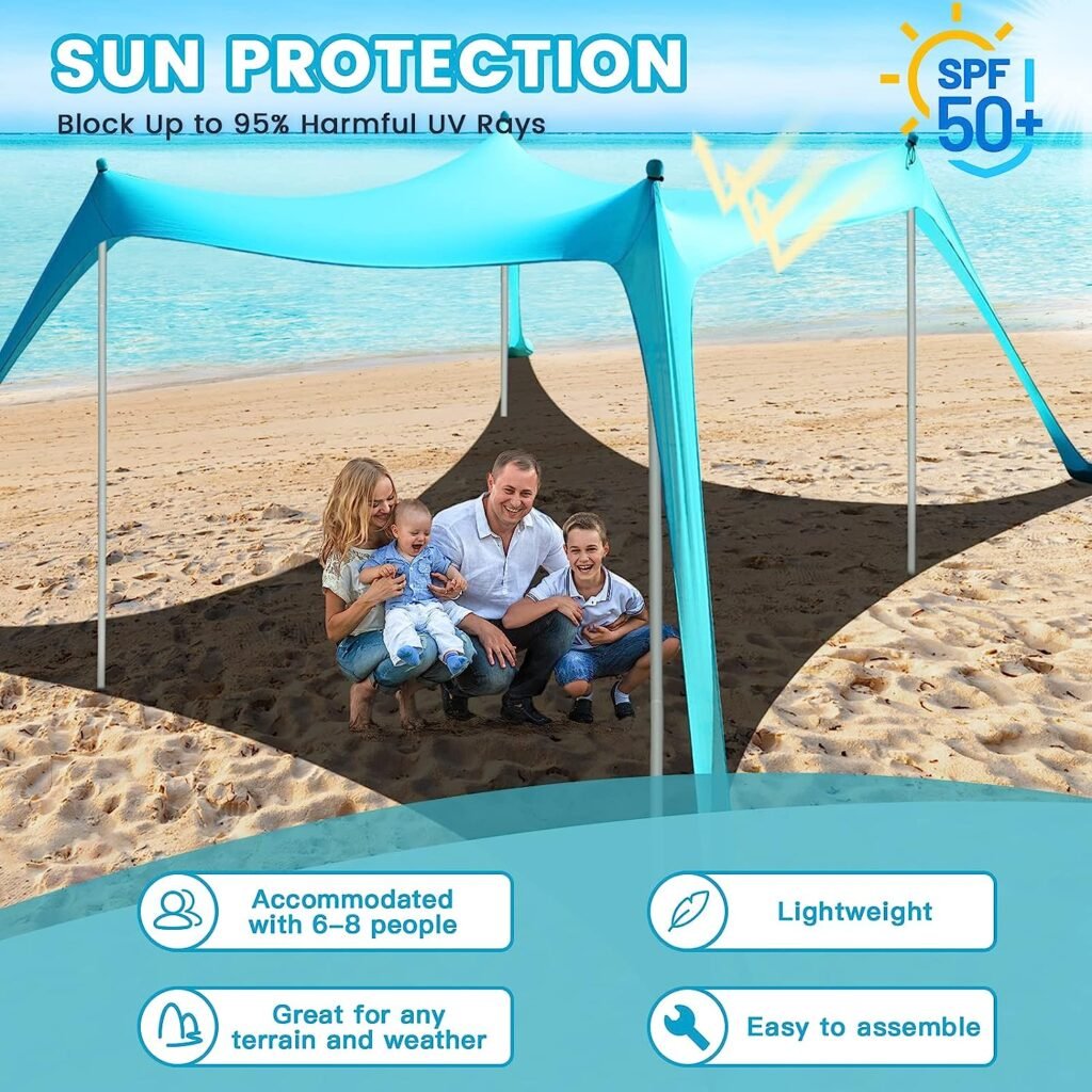 Beach Tent - Beach Canopy UPF 50+ UV Protection, 9.8 x 9.8 FT, Anti-Wind Beach Shade with 4 Windproof Ropes, 4 Poles, 1 Portable Bag, Beach Tent Sun Shelter Perfect for Outdoors - Turquoise