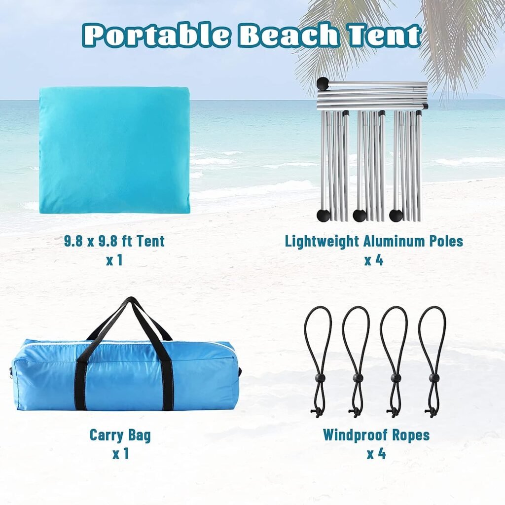Beach Tent - Beach Canopy UPF 50+ UV Protection, 9.8 x 9.8 FT, Anti-Wind Beach Shade with 4 Windproof Ropes, 4 Poles, 1 Portable Bag, Beach Tent Sun Shelter Perfect for Outdoors - Turquoise