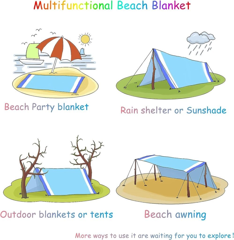 BYDOLL Beach Blanket 78×81 4-7 Adults Oversized Lightweight Waterproof Sandproof Large Picnic Mat for Travel Camping Hiking Picnic(78 X 81, Blue-Mixed)