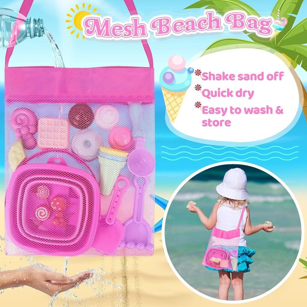 Collapsible Beach Toys Set for Kids Toddlers Girls, Collapsible Sand Bucket and Shovels Set with Mesh Bag Sand Molds, Ice Cream Travel Sand Toys for Beach, Sandbox Toys for Toddlers Kids Age 3-10