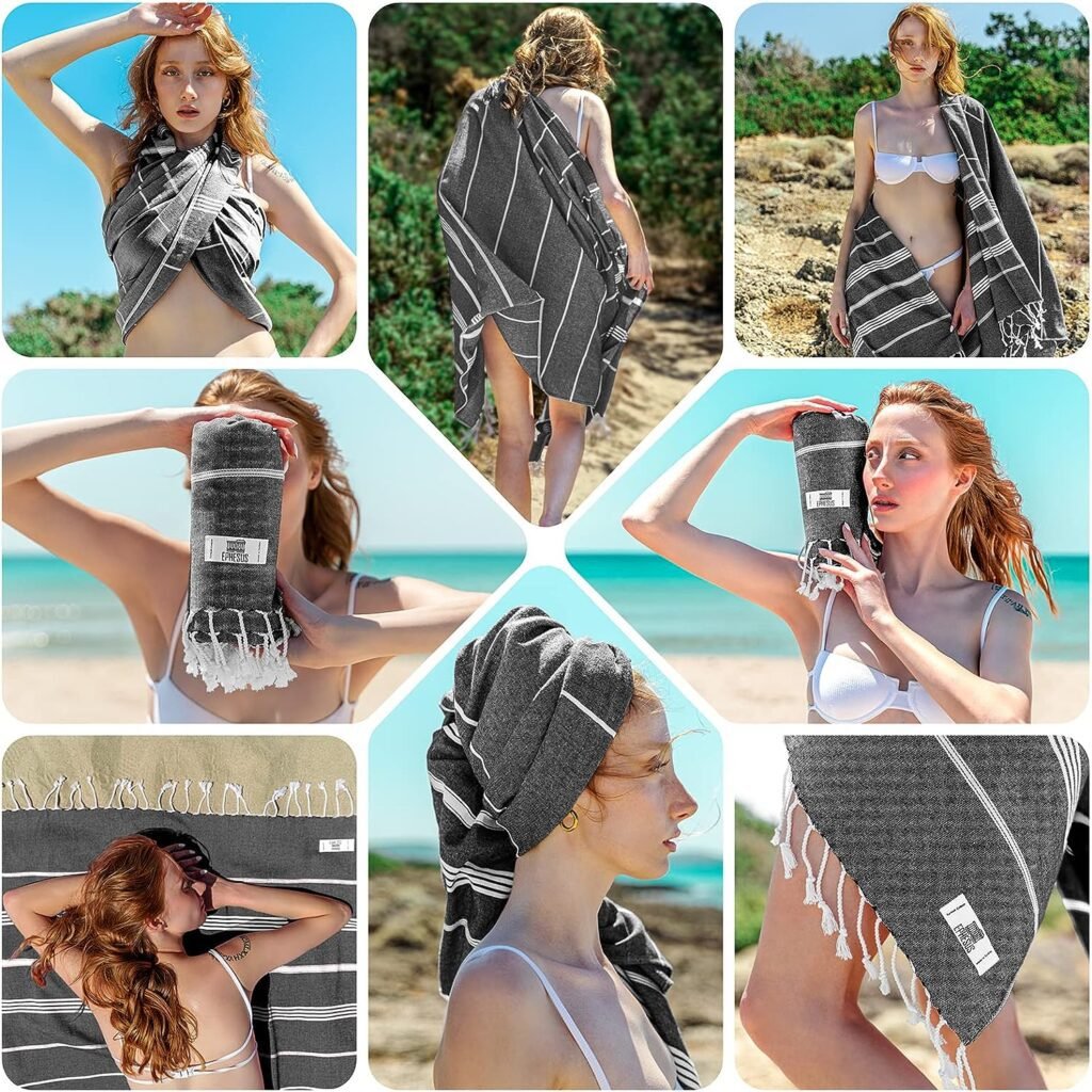EPHESUS TOWELS Turkish Beach Towel - Turkish Cotton - 39x71 inch Oversized - Turkish Towel for Beach, Bath, Pool, Gym, Yoga - Prewashed, Lightweight, Quick Dry (Anthracite, New Sultan Pack 1)