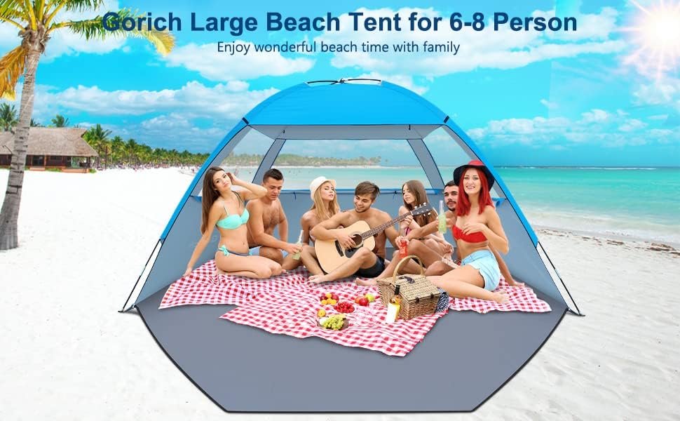Gorich Beach Tent, Beach Shade Tent for 3/4-5/6-7/8-10 Person with UPF 50+ UV Protection, Portable Beach Tent Sun Shelter Canopy, Lightweight Easy Setup Cabana Beach Tent