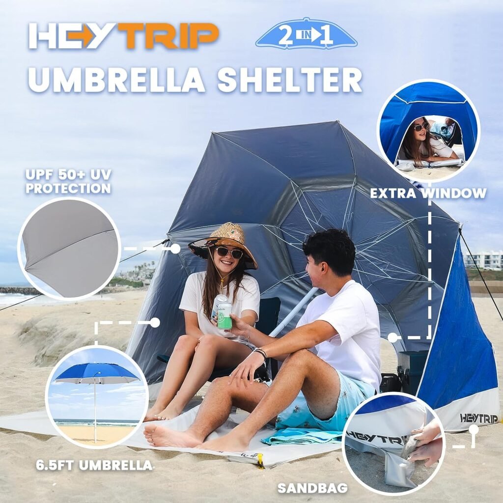 HEYTRIP 6.5FT Two-in-One Beach Umbrella with UPF 50+ UV Protection, Windproof Sand Anchor, Tilting Plole and Air Vent, Double Mode to Switch Between Sun Shelter and Umbrella