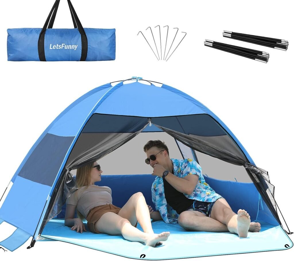 Large Easy Setup Beach Tent,Anti-UV Beach Shade Shelter Beach Canopy Tent Sun Shade with Extended Floor 3 Mesh Roll Up Windows Fits 3-4 Person,Portable Shade Tent for Outdoor Camping Fishing (Blue)