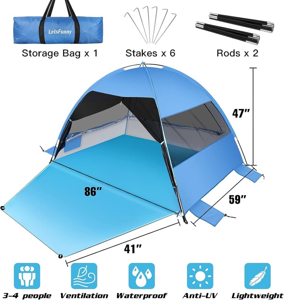 Large Easy Setup Beach Tent,Anti-UV Beach Shade Shelter Beach Canopy Tent Sun Shade with Extended Floor 3 Mesh Roll Up Windows Fits 3-4 Person,Portable Shade Tent for Outdoor Camping Fishing (Blue)