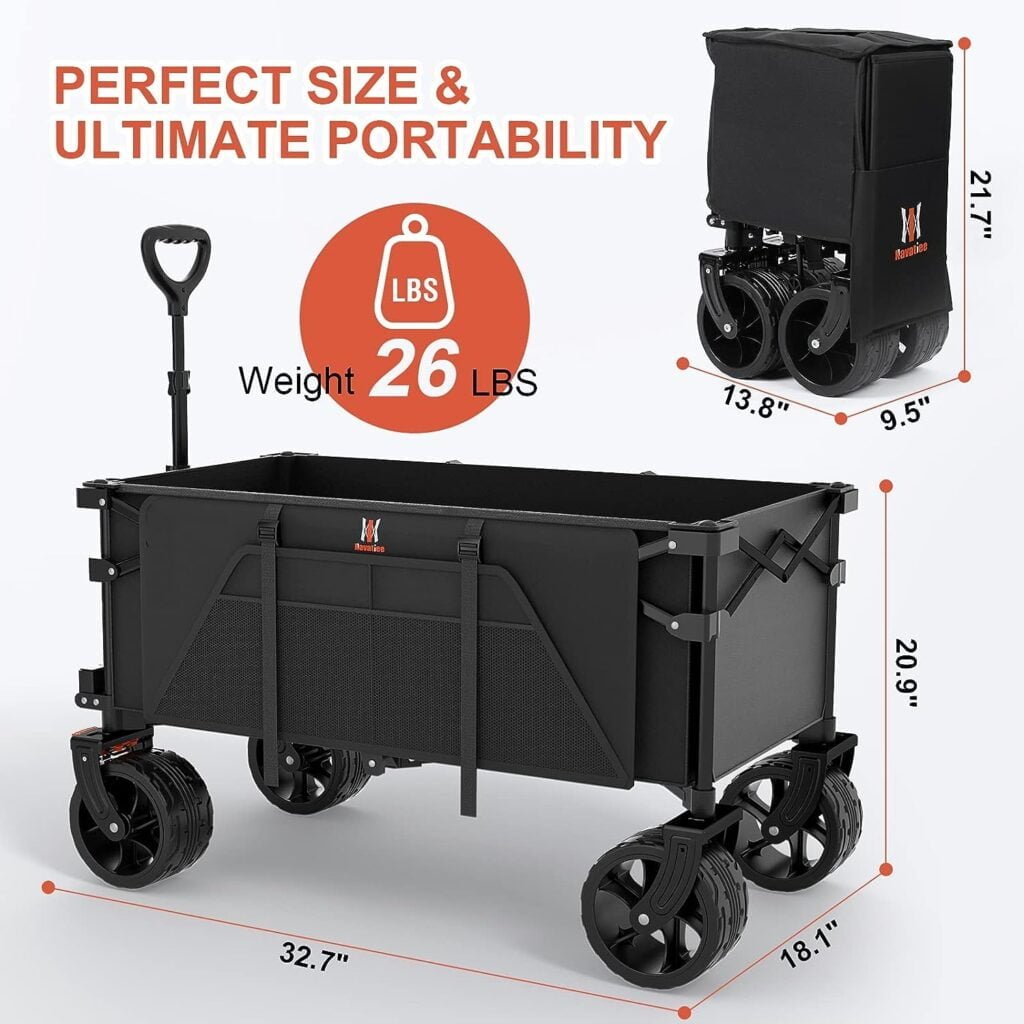 Navatiee Collapsible Folding Wagon, Beach Wagon Cart Heavy Duty Foldable with Big Wheels, Utility Grocery Wagon with Side Pocket and Brakes for Camping Garden Sports, T1