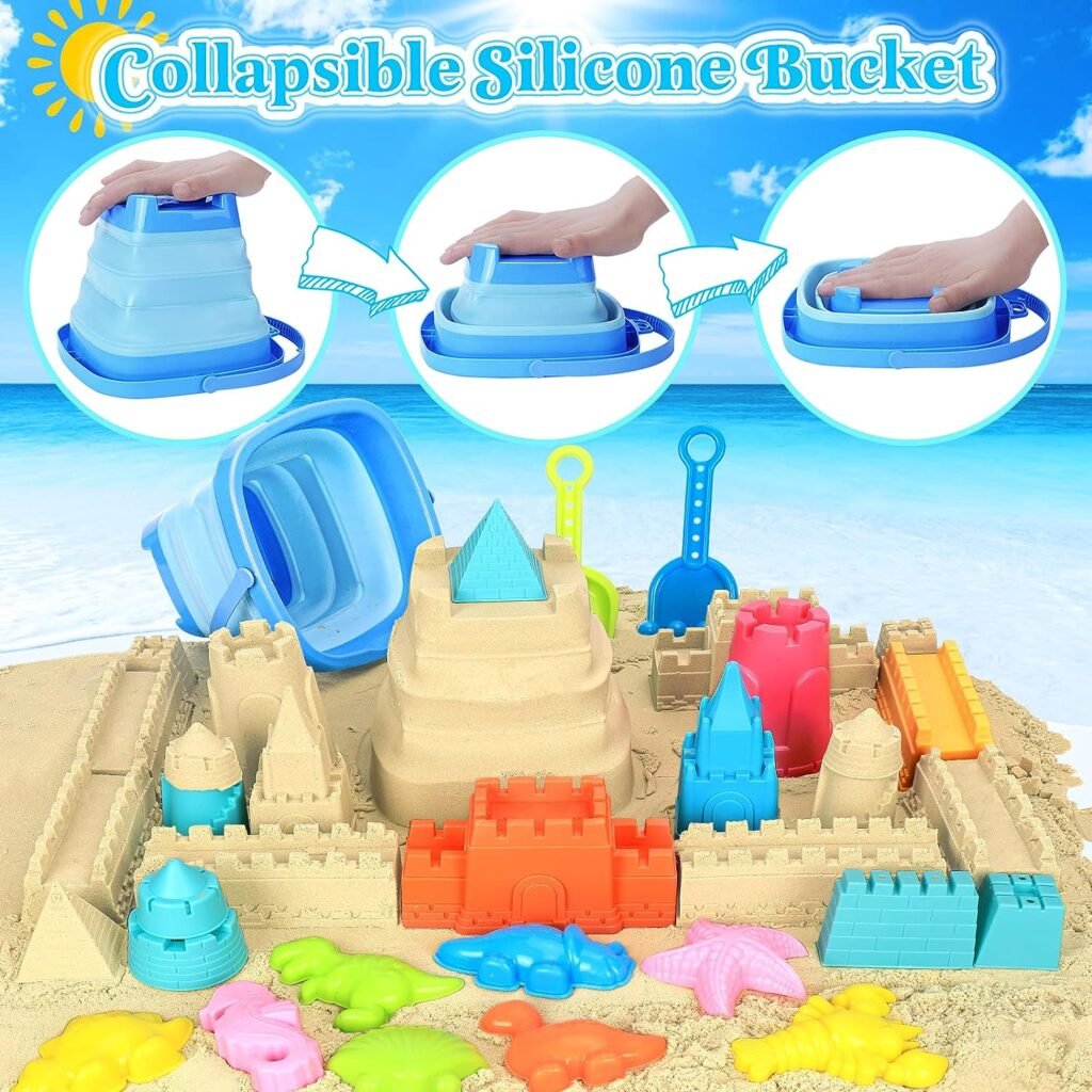 RACPNEL Collapsible Beach Toys for Kids Toddlers, Collapsible Sand Bucket and Shovels Set with Mesh Bag, Sand Castle Toys for Beach, Travel Sand Toys for Beach, Sandbox Toys for Toddlers Kids Age 3-10