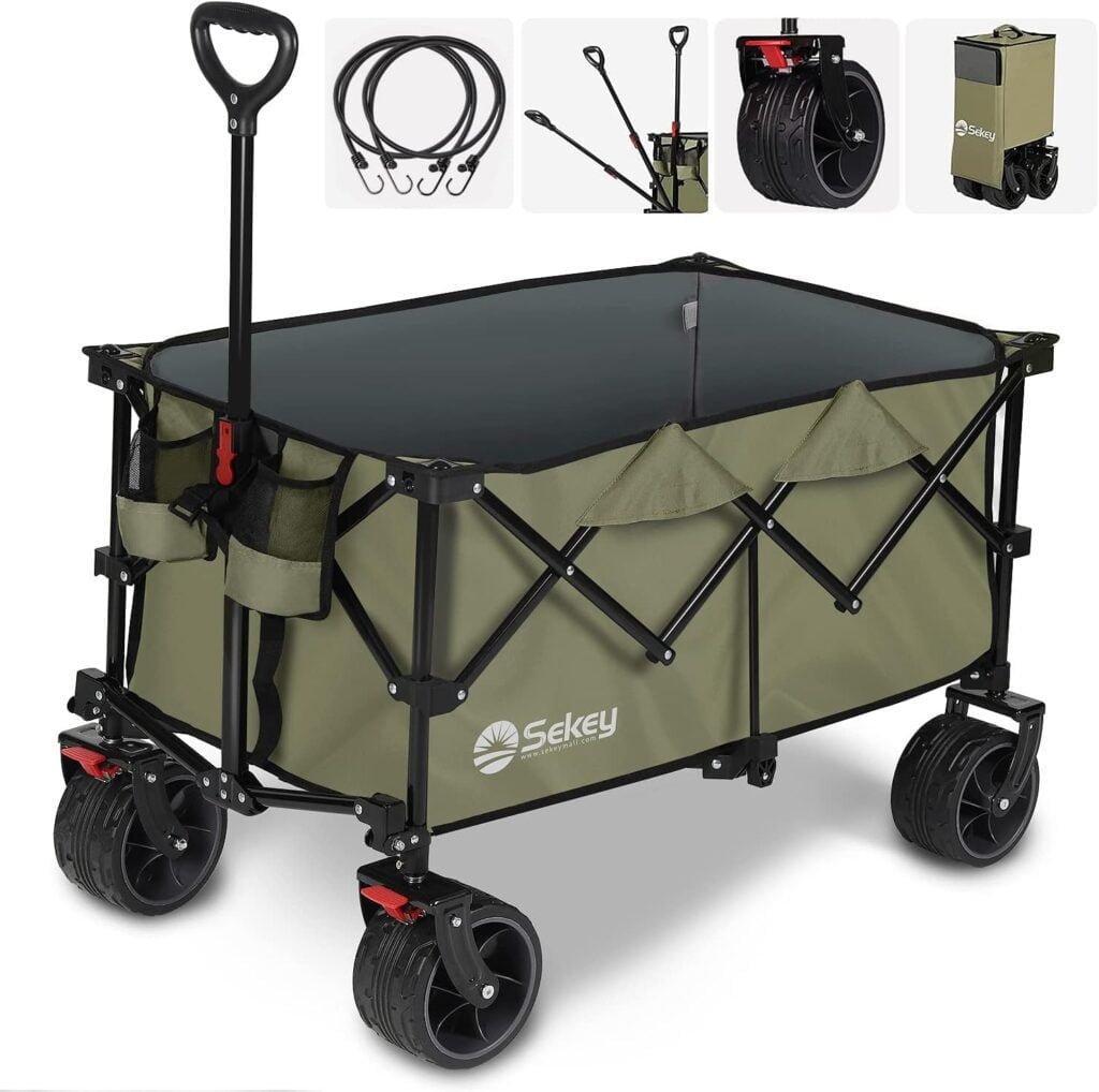 Sekey Collapsible Foldable Wagon with 220lbs Weight Capacity, Heavy Duty Folding Utility Garden Cart with Big All-Terrain Beach Wheels Drink Holders. Khaki