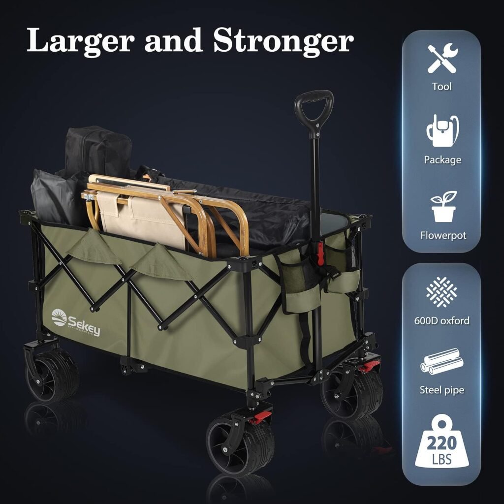 Sekey Collapsible Foldable Wagon with 220lbs Weight Capacity, Heavy Duty Folding Utility Garden Cart with Big All-Terrain Beach Wheels Drink Holders. Khaki