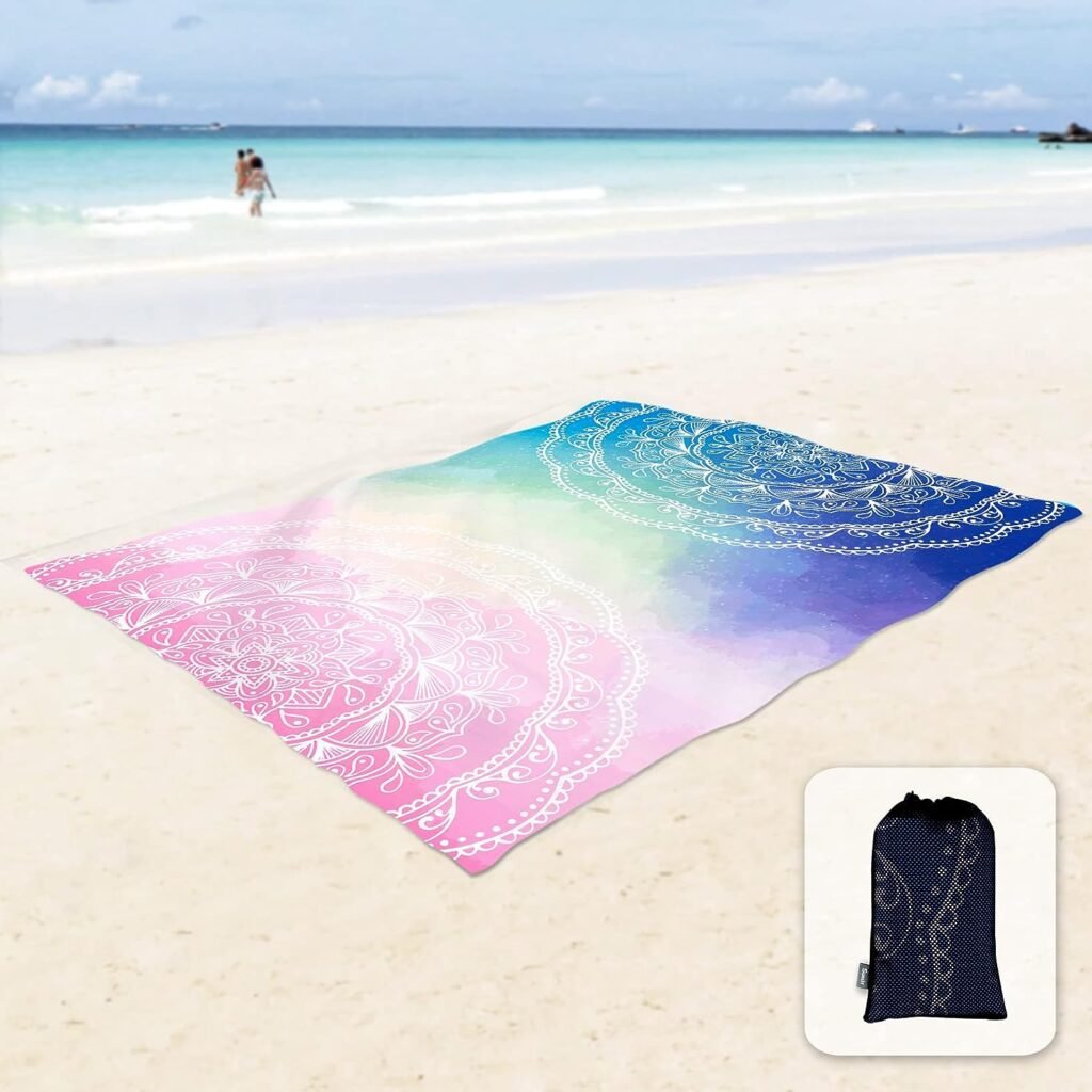 Sunlit Silky Soft 106x81 Boho Sand Proof Beach Blanket Sand Proof Mat with Corner Pockets and Mesh Bag for Beach Party, Travel, Camping and Outdoor Music Festival, Blue and Pink Mandala