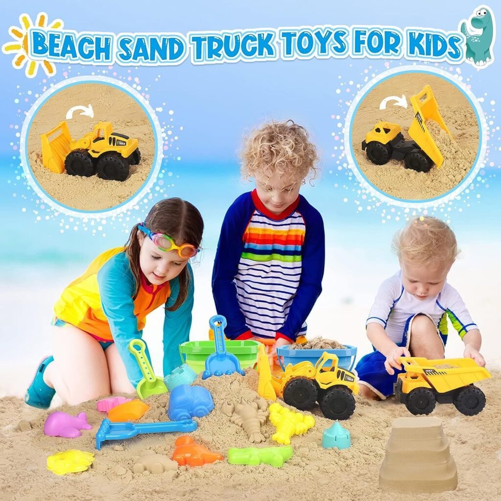 FHOZGECY Beach Toys, 31Pcs Sand Toys, Sandbox Toys with 2 Truck 2 Collapsible Sand Bucket, Shovel Set, Sand Castle Kit, Animal Dinosaur Molds etc. Mesh Bag, Travel Toys for Kids Toddlers Boys Girls
