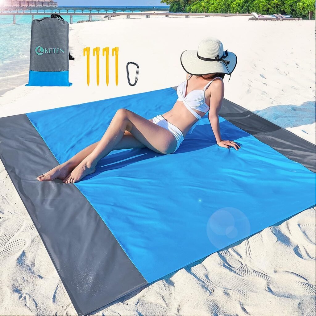 Keten Beach Blanket, 79×83 Extra Large Beach Blanket for 3-5 Adults, Sandproof Beach Mat, Compact and Lightweight, Sand Free Beach Mat with 4 Stakes, Perfect for Travel, Camping, Hiking