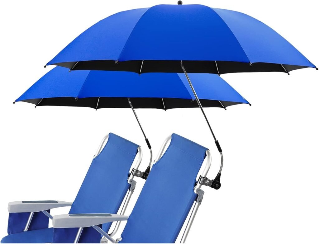 NBtoUS 2 PACK Beach Umbrella with Universal Clamp, UPF 50+ 360 ° Adjustable Beach Shade Umbrella，Portable Outdoor Umbrella for Beach Chair, Camping Chair, Wheelchair, Stroller, Patio Chairs, Golf Carts (Blue, Not Include Chair)