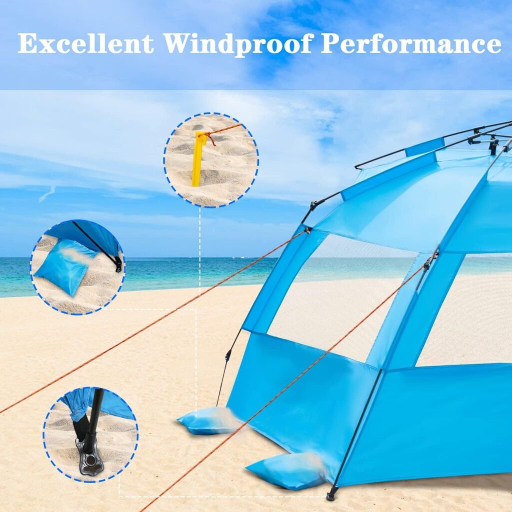 NXONE XL Pop Up Beach Tent, Deluxe Sun Shade Shelter for 4 Person, UPF 50+ Protection, Windproof Beach Shade, Extendable Floor with 3 Ventilating Windows Plus Carrying Bag, Stakes and Guy Lines