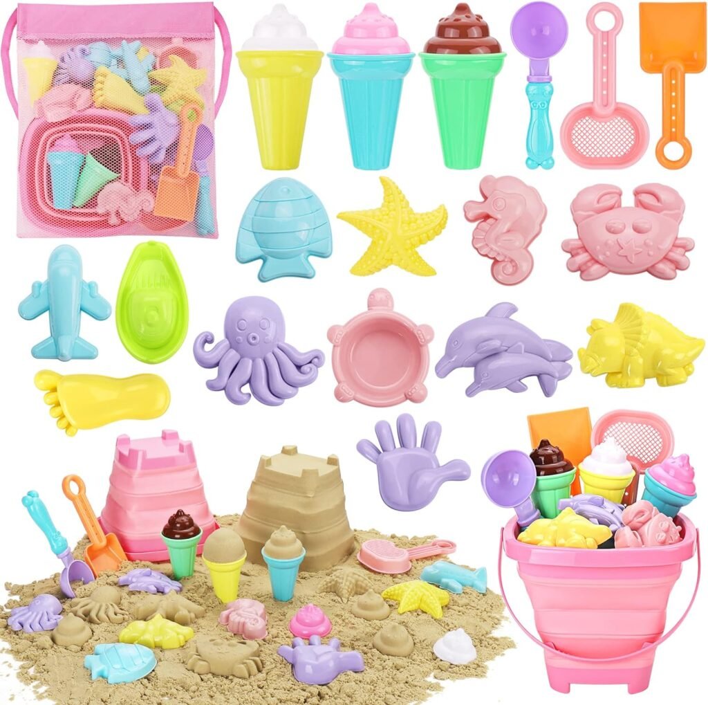 REZUCREY Beach Toys, Ice Cream Sand Toys for Toddlers, with Collapsible Bucket and Shovels for Kids with Bag, Travel Toys for Boys Baby Girls Age 3 4 5 6 7 8+