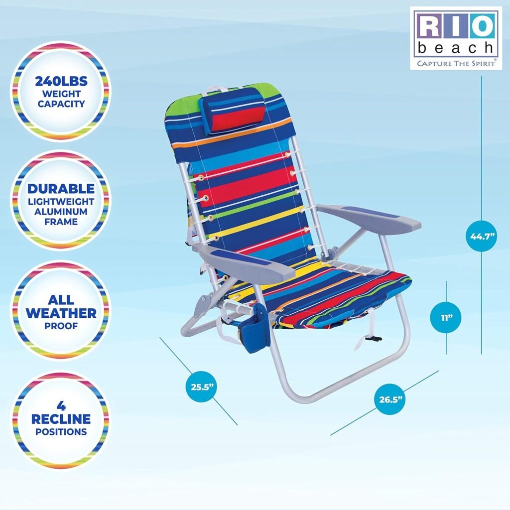 Rio Beach 4-Position Backpack Lace-Up Suspension Folding Beach Chair,Aluminum, Multi Stripe