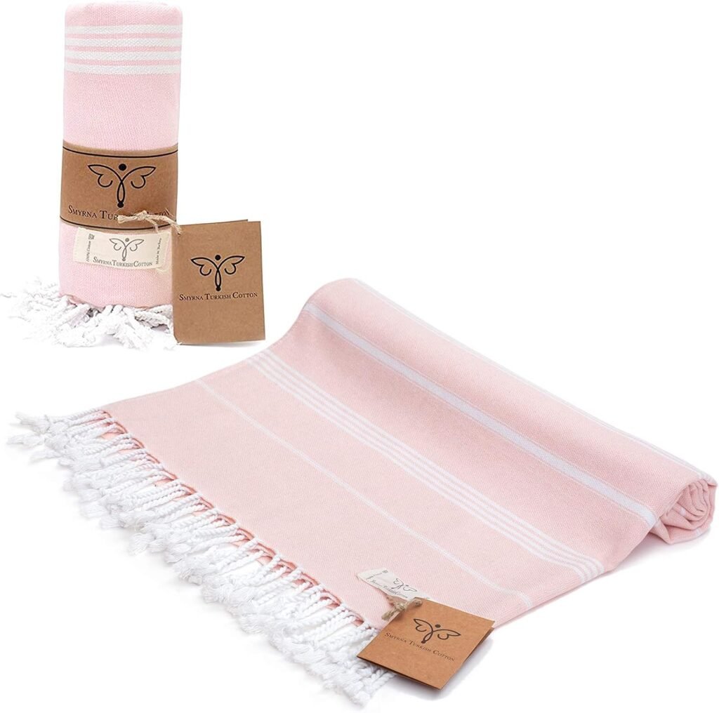 SMYRNA TURKISH COTTON Classical Series Beach Towel | 71 x 37 in | Extra Large Wearable Turkish Bath Towel | Made in Turkey | No Shrink | Premium Luxury Striped Linen - Blush Pink