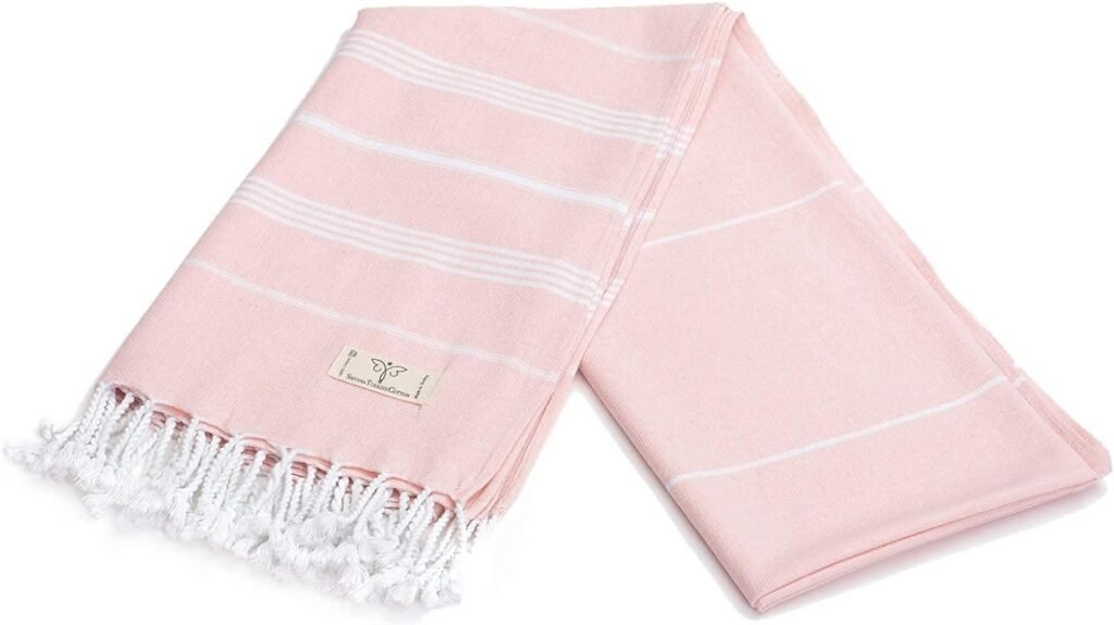 SMYRNA TURKISH COTTON Classical Series Beach Towel | 71 x 37 in | Extra Large Wearable Turkish Bath Towel | Made in Turkey | No Shrink | Premium Luxury Striped Linen - Blush Pink