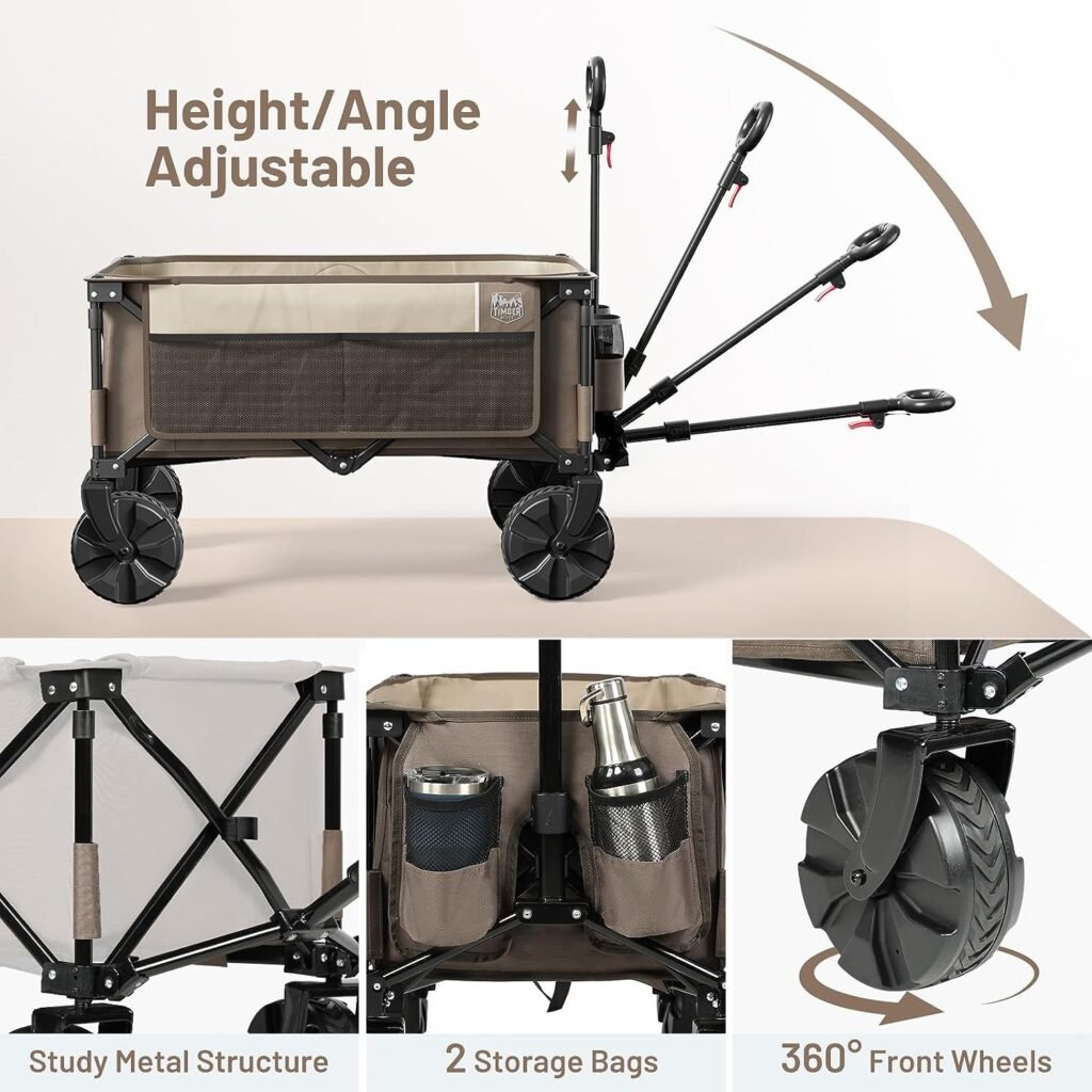 TIMBER RIDGE Outdoor Collapsible Wagon Utility Folding Cart Heavy Duty All Terrain Wheels for Shopping Camping Garden with Side Bag and Cup Holders,Tan