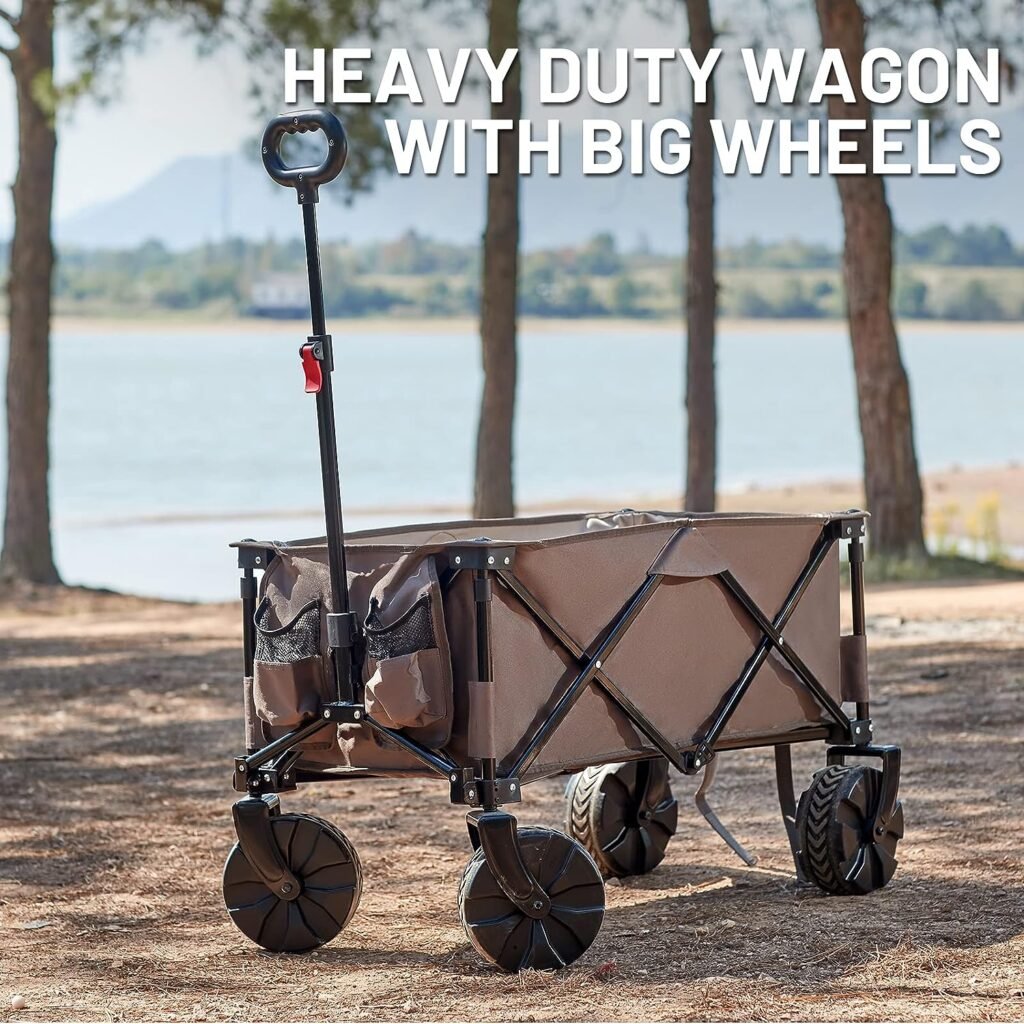 TIMBER RIDGE Outdoor Collapsible Wagon Utility Folding Cart Heavy Duty All Terrain Wheels for Shopping Camping Garden with Side Bag and Cup Holders,Tan