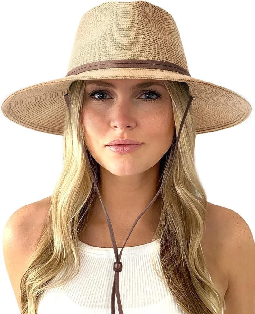 Womens Summer Straw Sun Hats Wide Brim Panama Fedora Beach Hat with Wind Lanyard UPF 50+