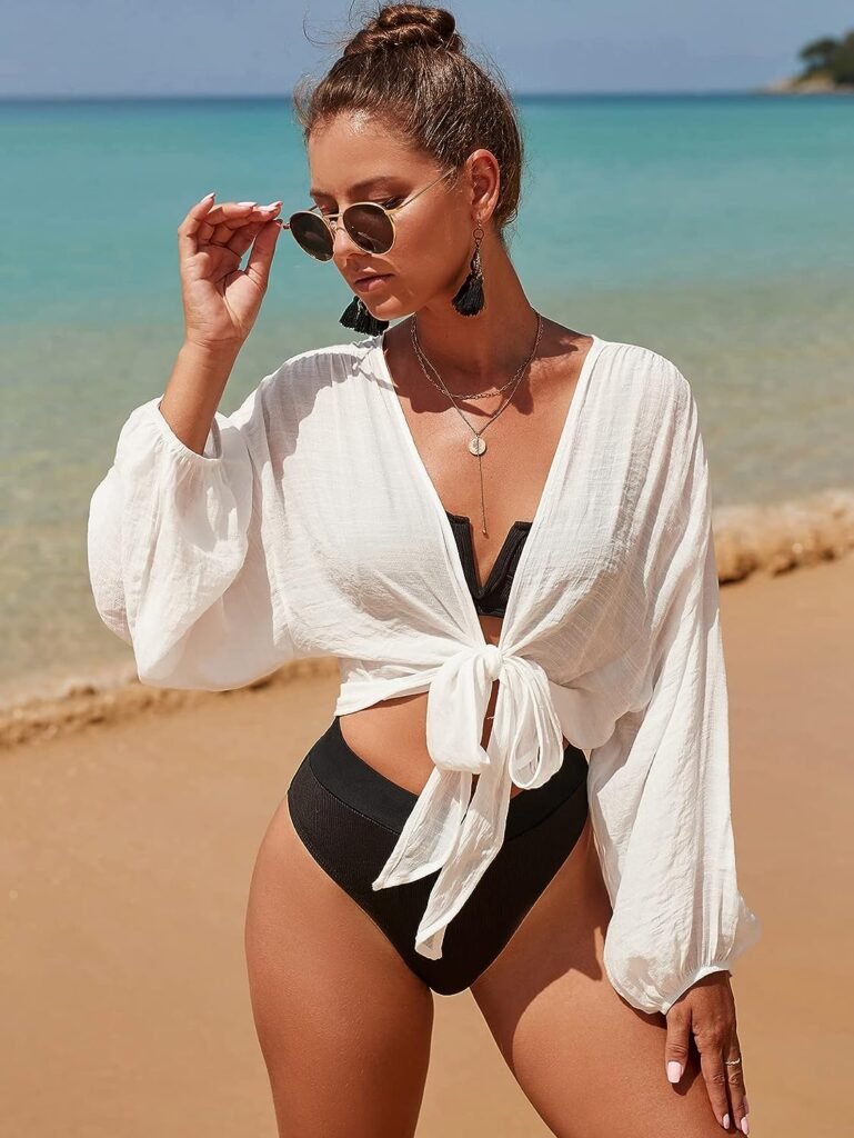 Womens Tie Front Long Sleeve Swimsuit Kimono Cover Up Wrap Blouse Top