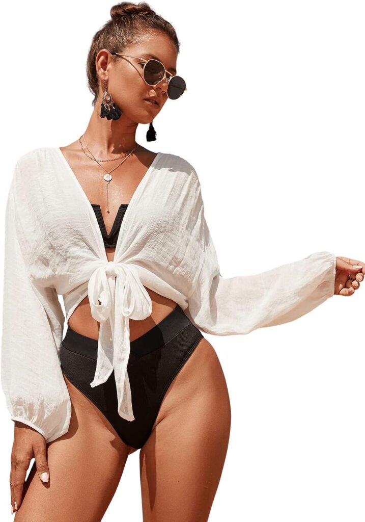 Womens Tie Front Long Sleeve Swimsuit Kimono Cover Up Wrap Blouse Top